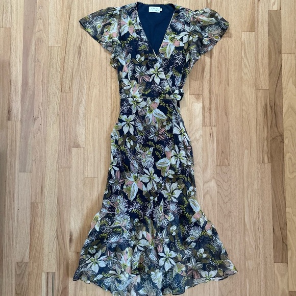 TANYA TAYLOR blaire midi dress linen-silk floral ruffle flutter faux wrap size 6 - Picture 2 of 16